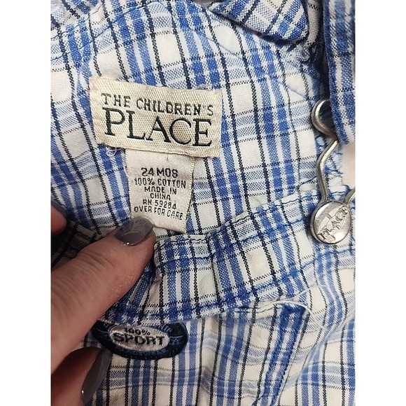 Children's Place Denim Blue/White Checkered Short Overalls Size 24 Month - Picture 6 of 7